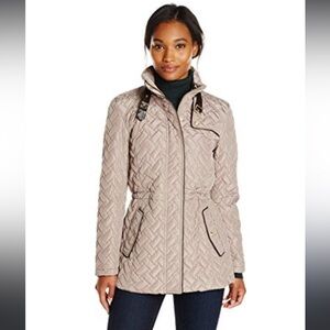 Cole Haan Women's Belted Quilted Jacket beige leather‎ accents winter puffer xs